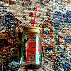 Glass Can Tumbler, 16 oz , with bamboo Lid/Plastic Straw incl.Merry Christmas